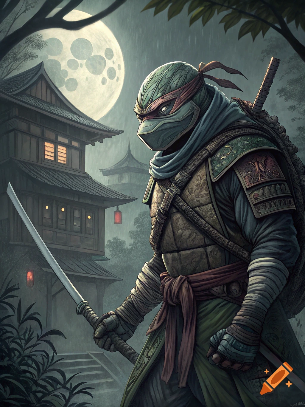 A Teenage Mutant Ninja Turtle in samurai armor holds a katana in a rainy Japanese village at night, in a detailed art style.