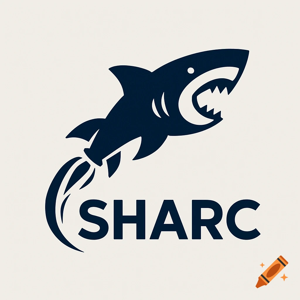 Dark blue stylized logo of a shark launching upwards like a rocket with the word SHARC below.