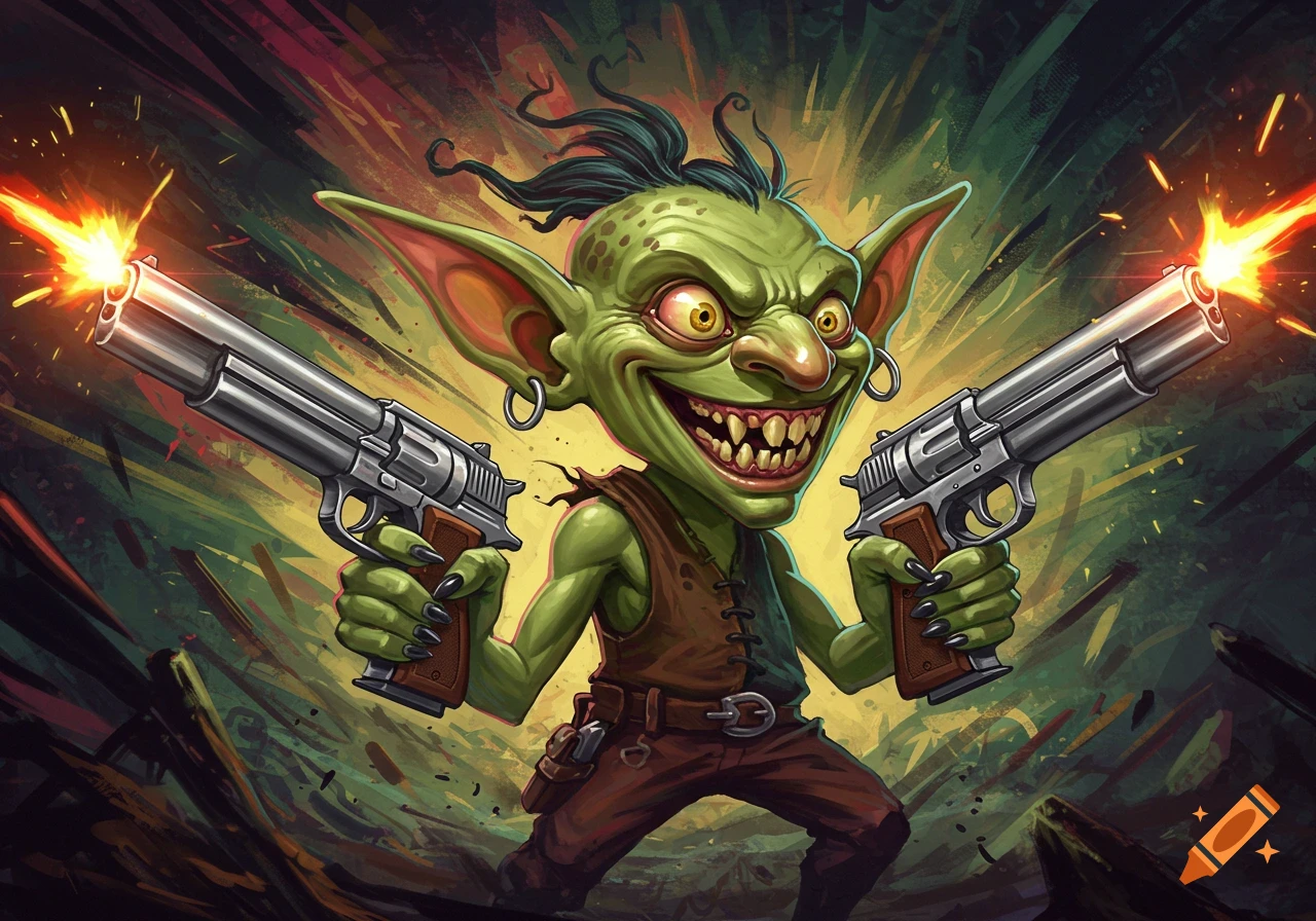 A stylized image of a green goblin firing two pistols.