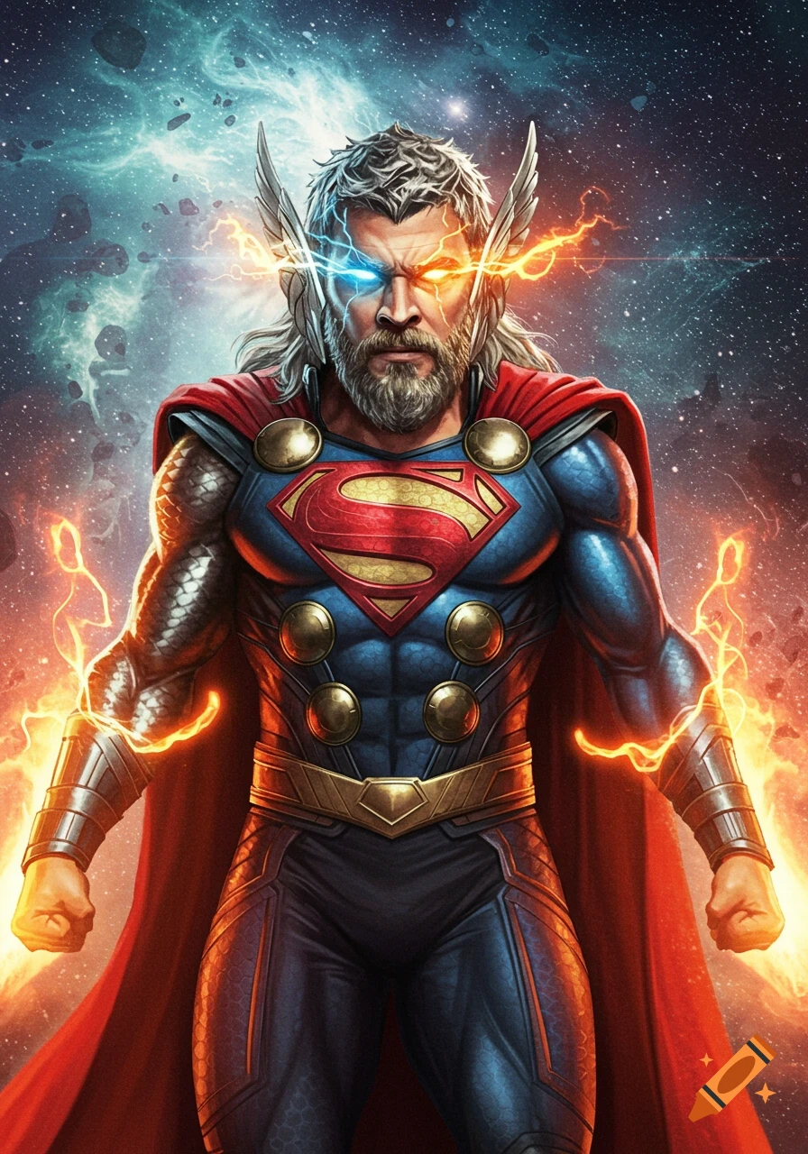 A merged superhero character combining Thor and Superman with lightning eyes and armored suit, against a space background.
