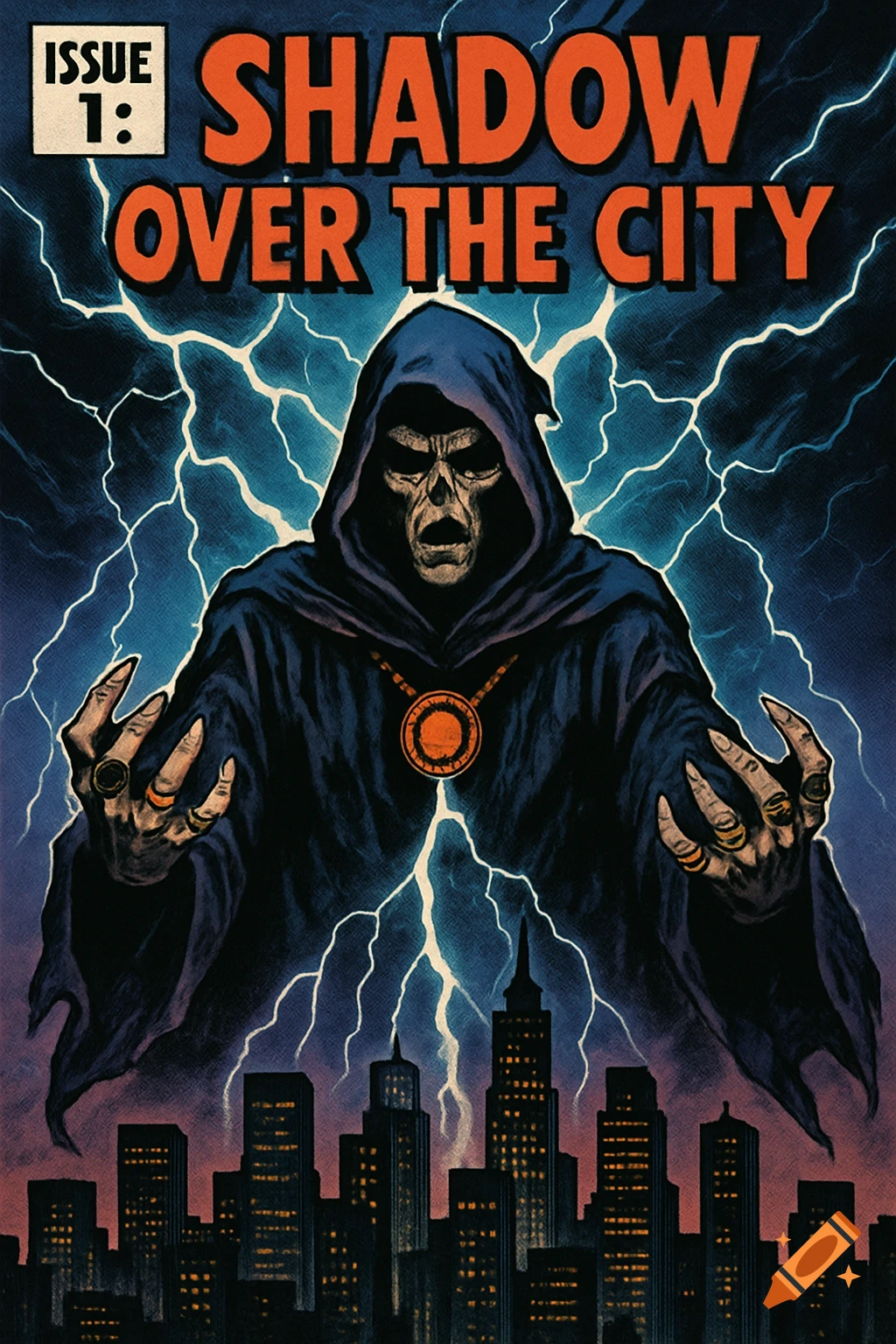 Comic book cover of a skeletal figure in a robe, lightning striking a city skyline.