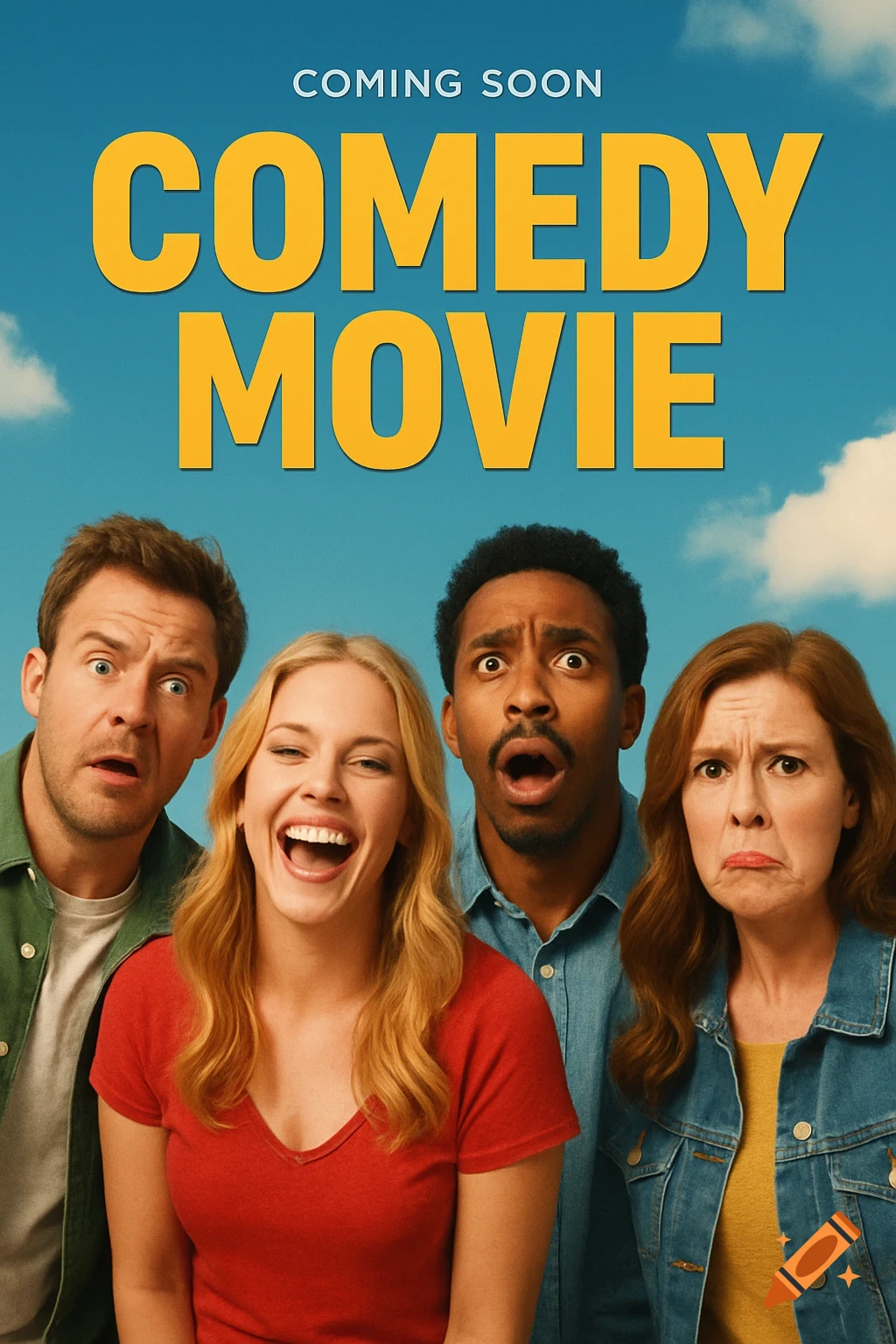 Movie poster with four people showing surprised expressions and the text 'COMING SOON COMEDY MOVIE'.