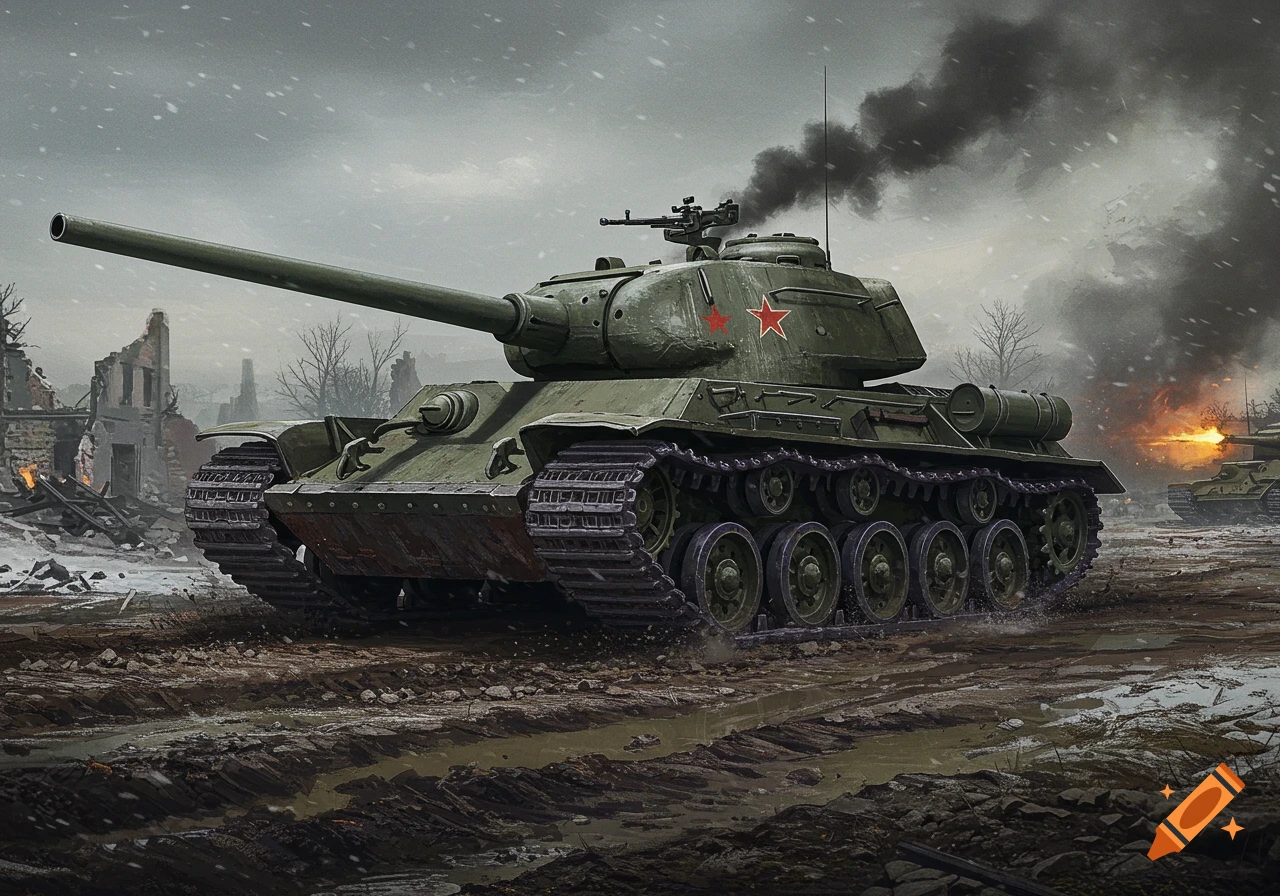 A large green tank sits on a snowy, muddy battlefield.
