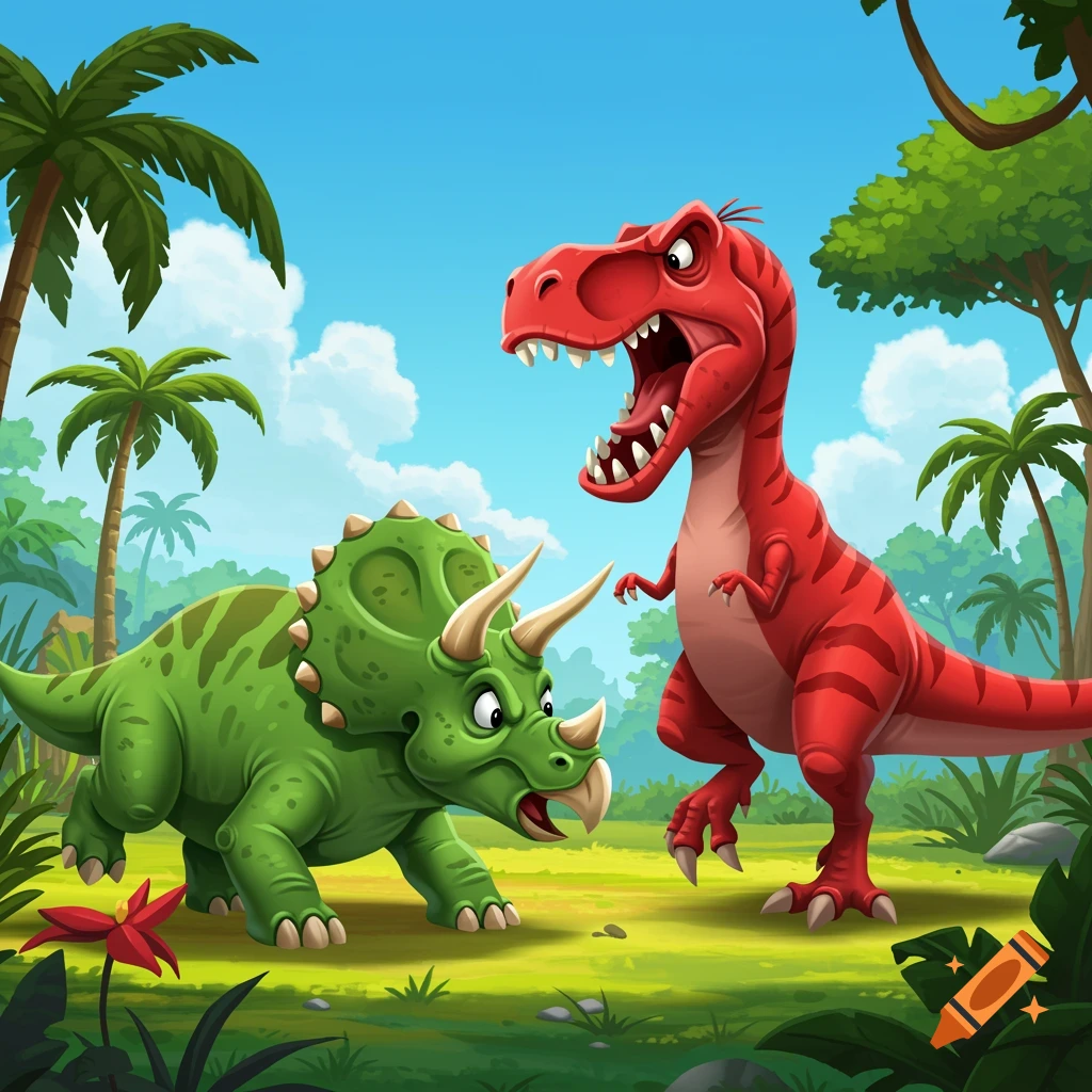 Cartoon Tyrannosaurus Rex and Triceratops dinosaurs fighting in a prehistoric landscape.