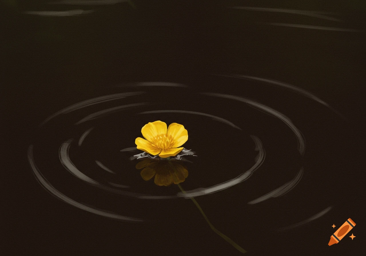 A small yellow flower floating on dark brown water with ripples spreading out.