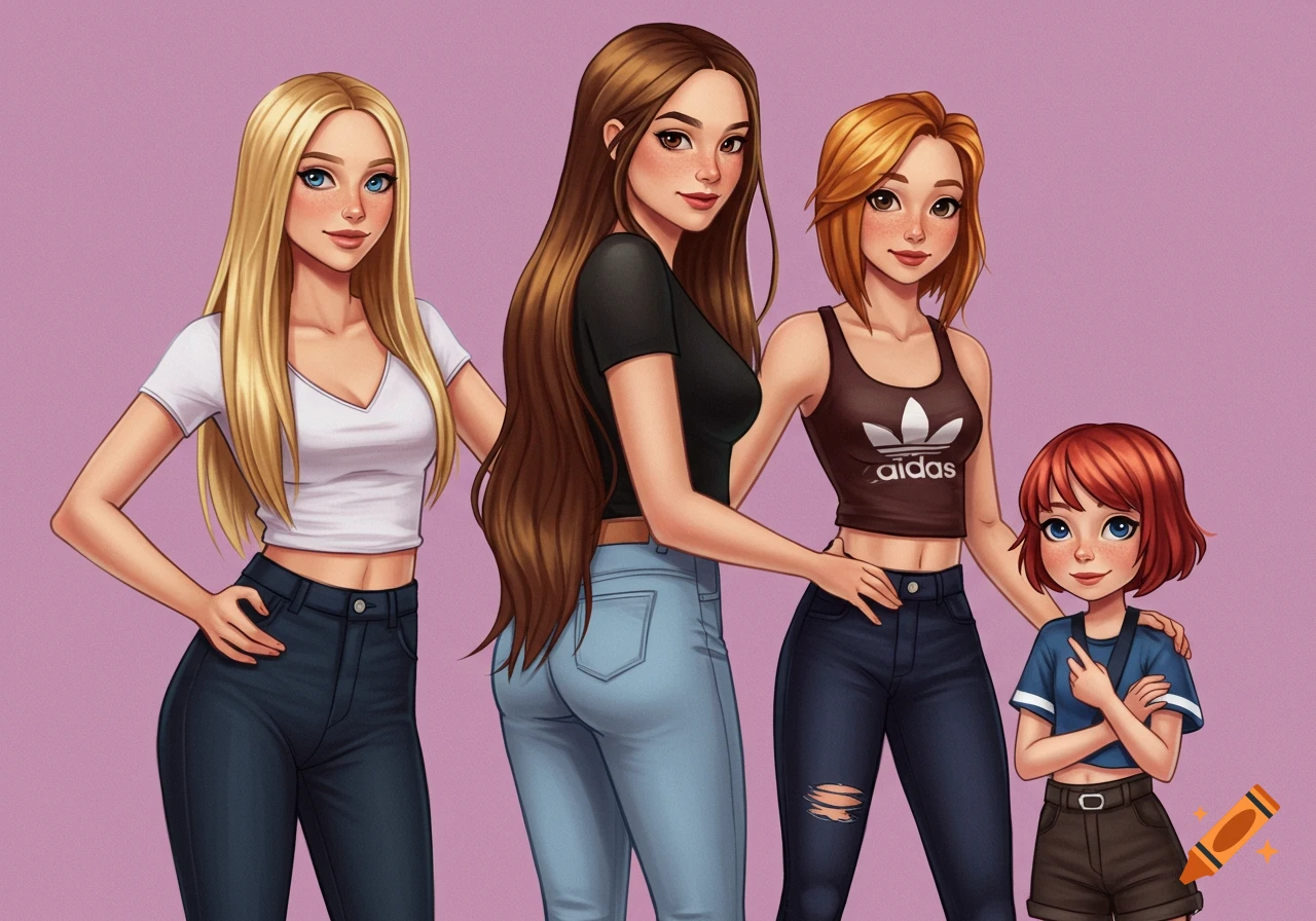 Four girls with varying hair colors and casual clothes standing together.