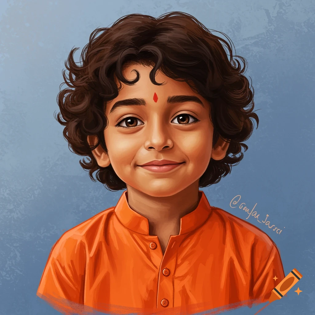 A smiling young Indian boy with curly hair, wearing an orange kurta and a red dot on his forehead.