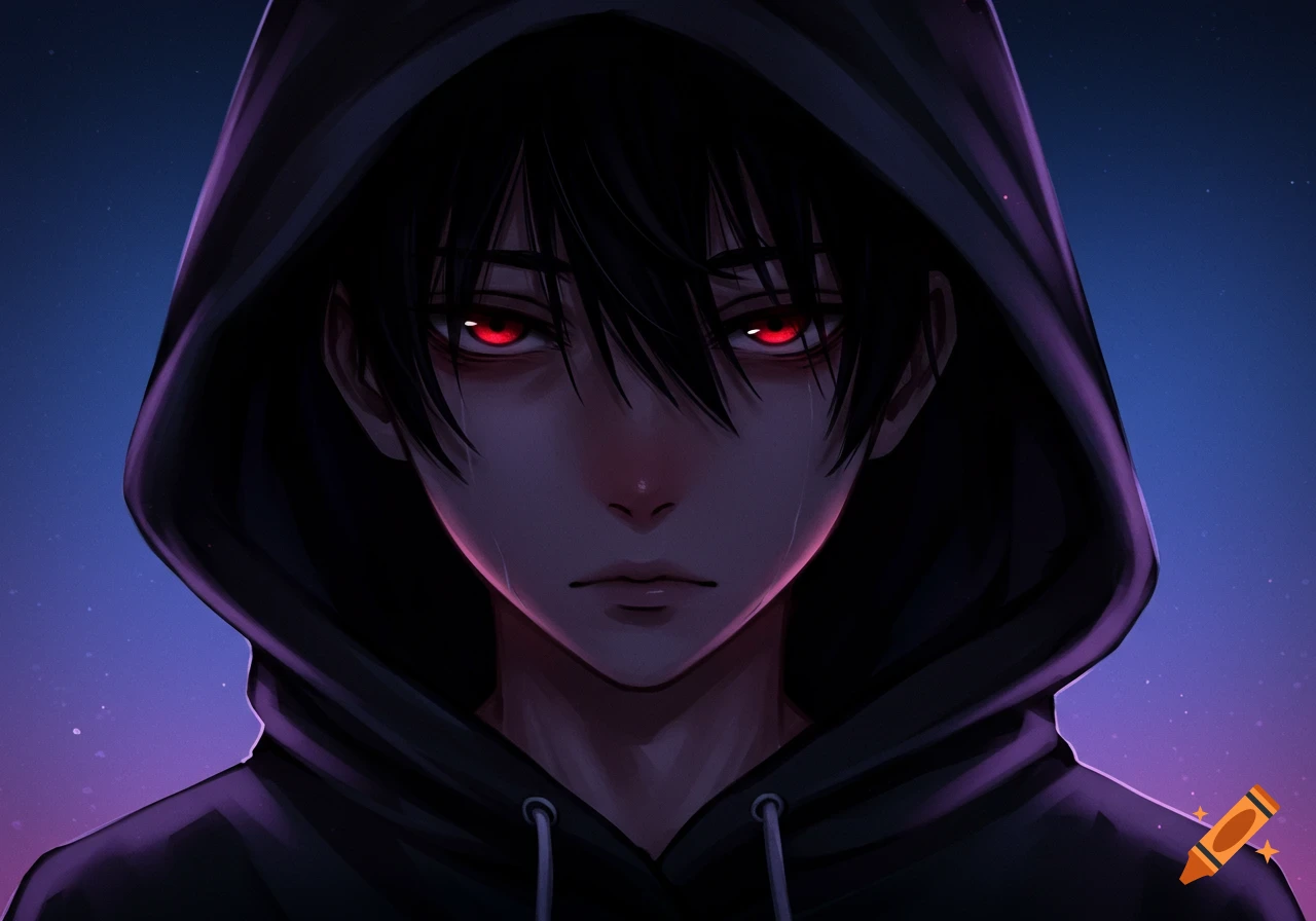 Close up anime portrait of a brooding boy with red eyes in a black hoodie.