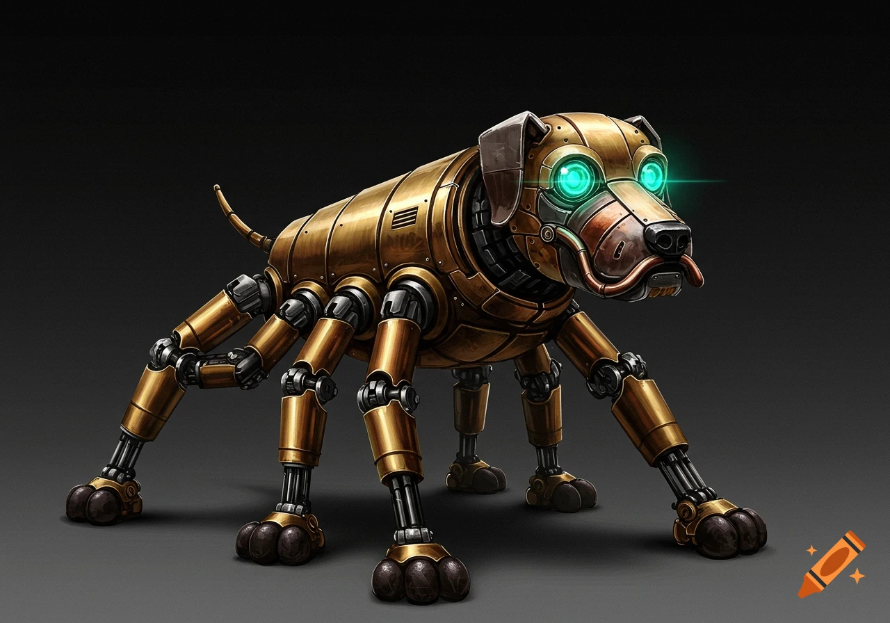 A brass and copper robotic dog with eight legs and glowing green eyes.