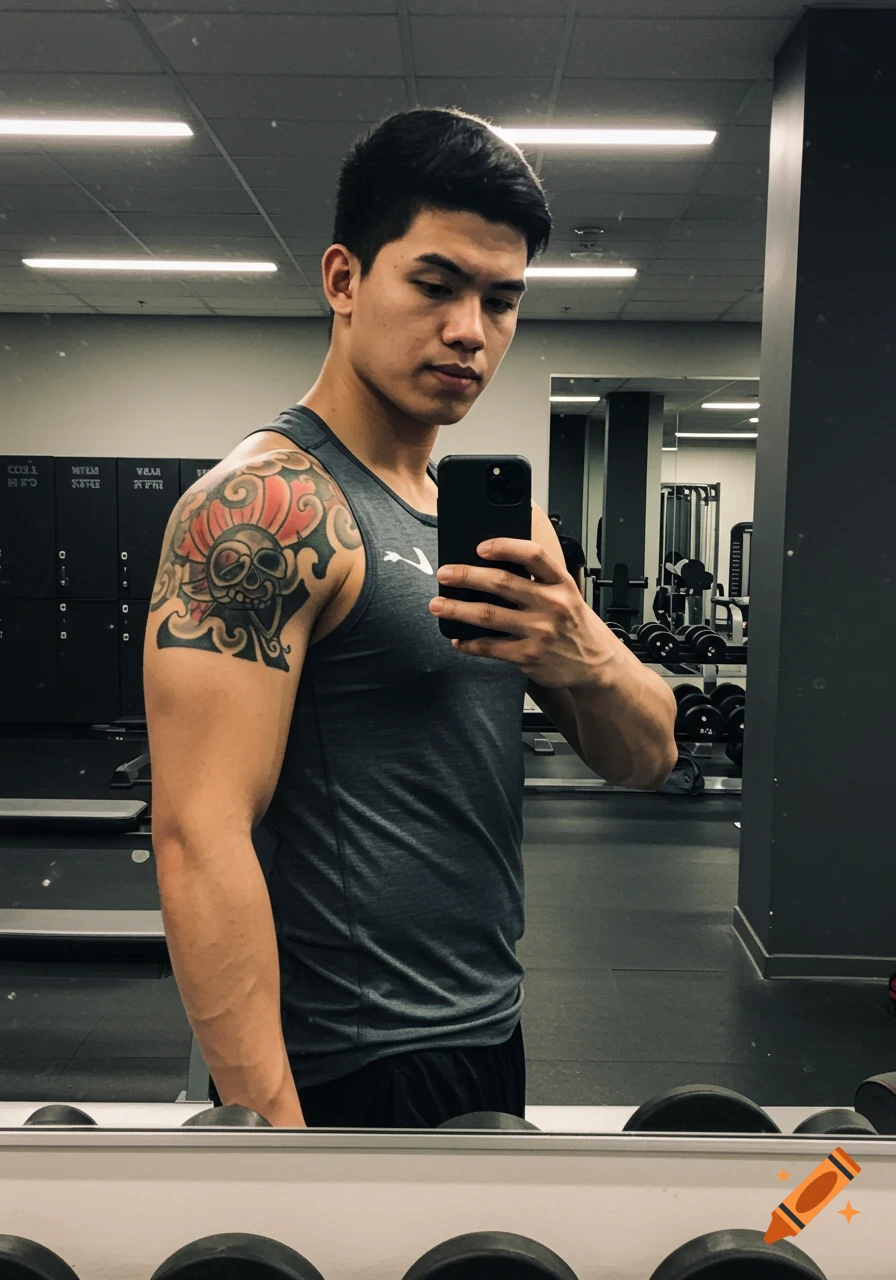 Man taking mirror selfie in gym, showing shoulder tattoo.