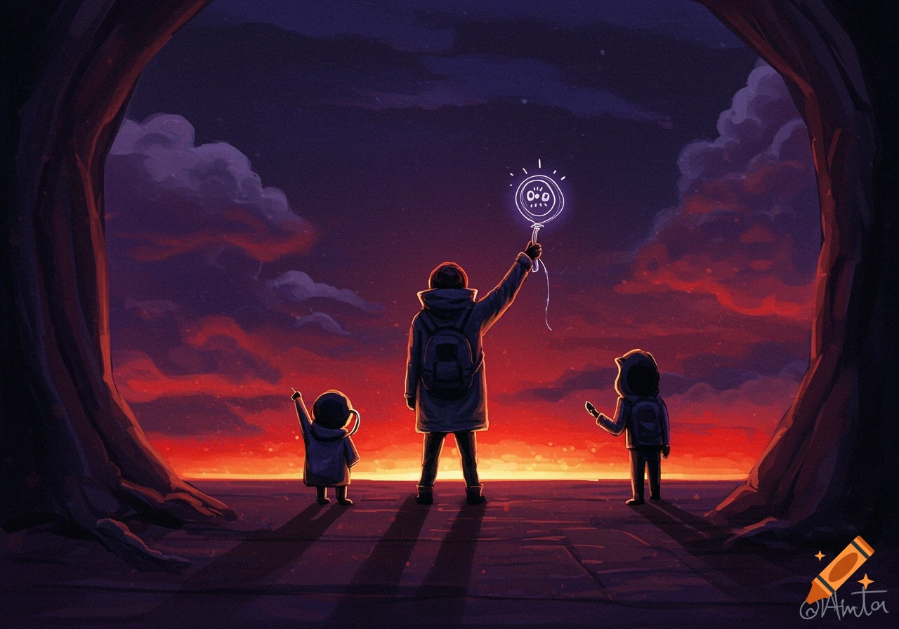 Stylized image of a parent and two children watching a glowing balloon float against a vibrant sunset.