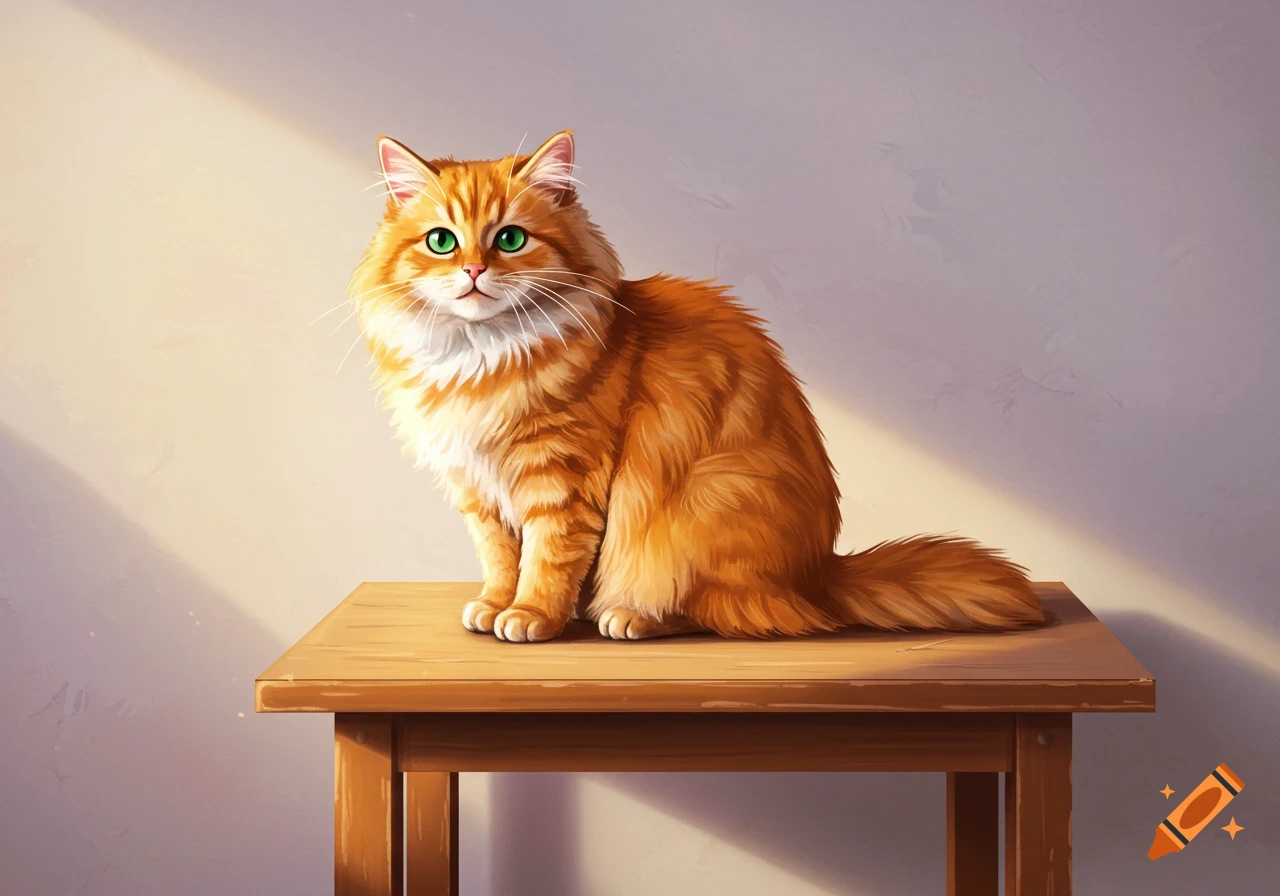 A fluffy orange cat with green eyes sits on a wooden table.