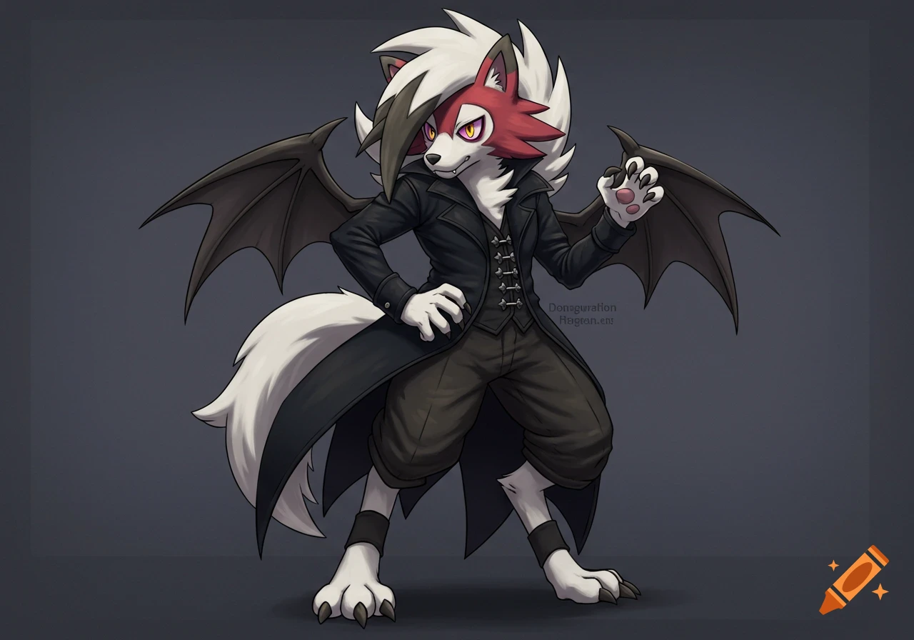 Stylized Lycanroc character in black gothic coat with bat wings