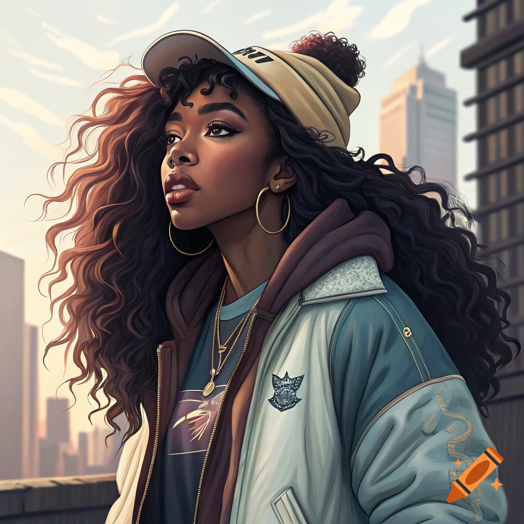 A woman with long curly hair wears a cap and jacket in a city setting.