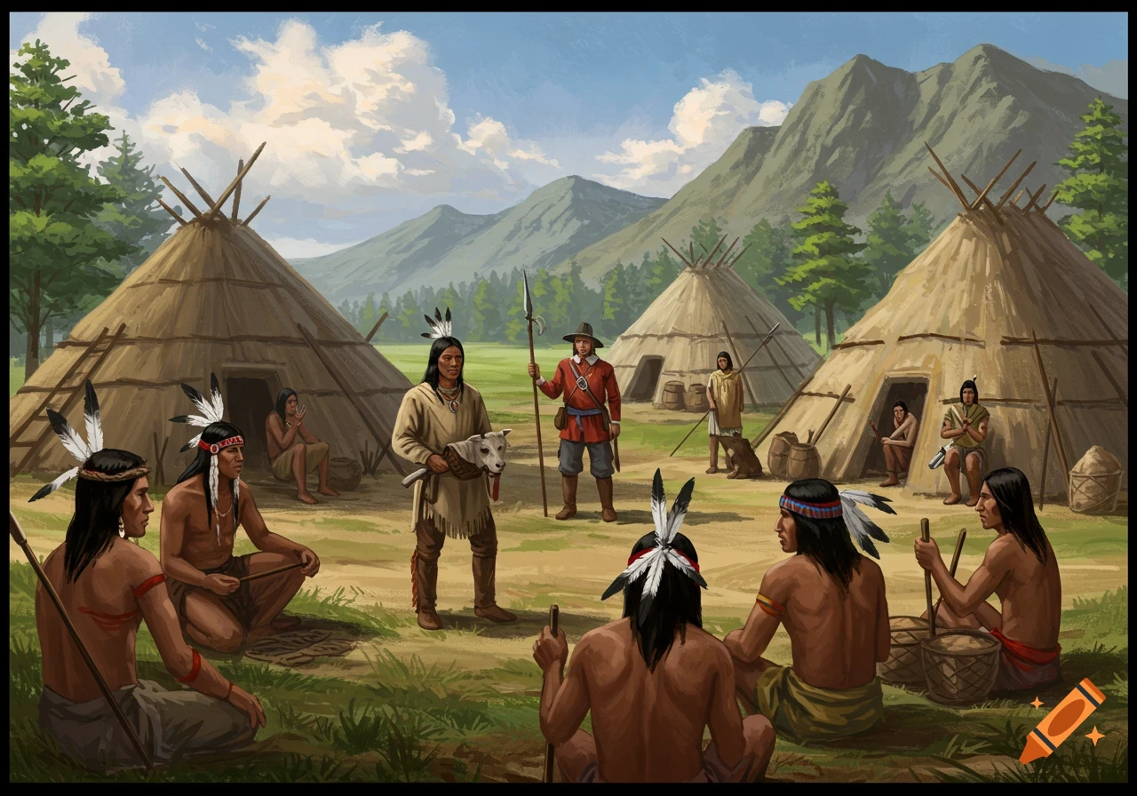 Indigenous people gathered near wigwams, interacting with a European settler, with mountains in the background.