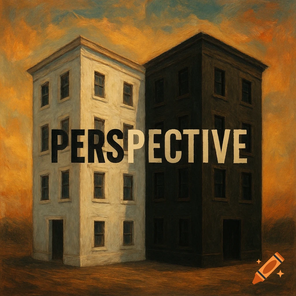 Painting of two buildings, one white and one black, with the word PERSPECTIVE across them.