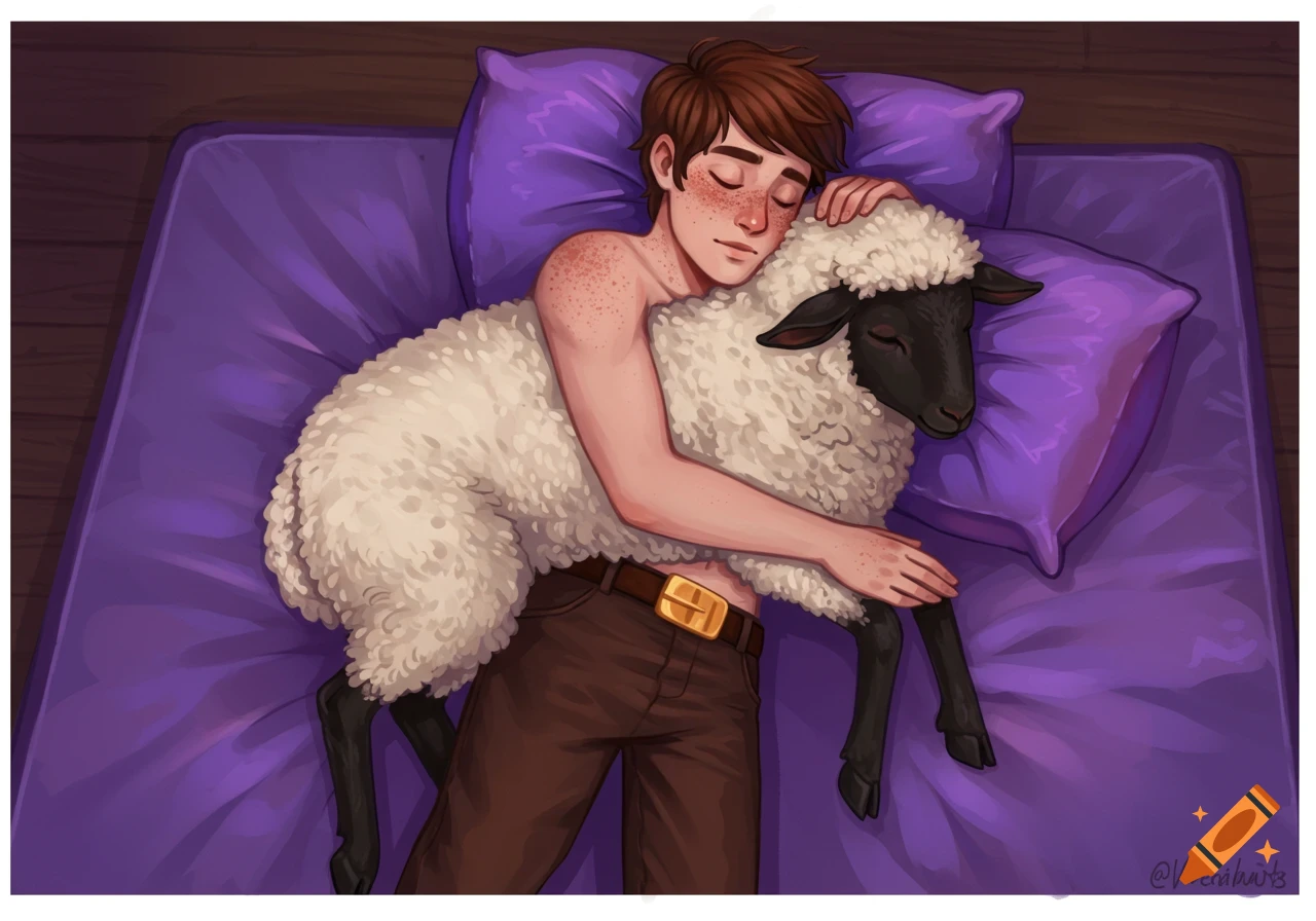 A man sleeping in bed, hugging a sheep.