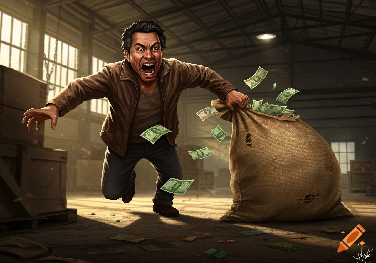 A man with a panicked expression runs through a warehouse, spilling money from a ripped sack.