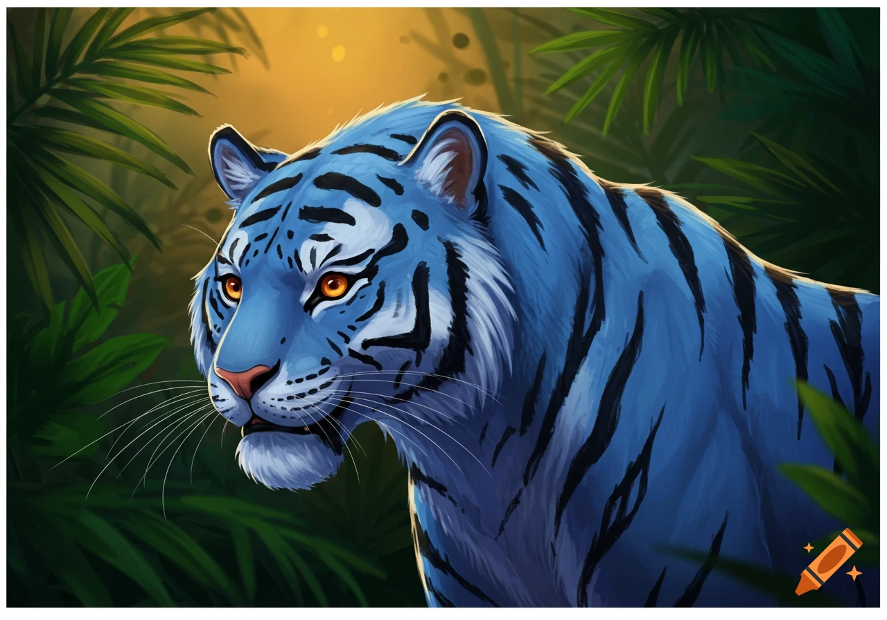 A blue tiger with black stripes in a jungle setting, looking left.