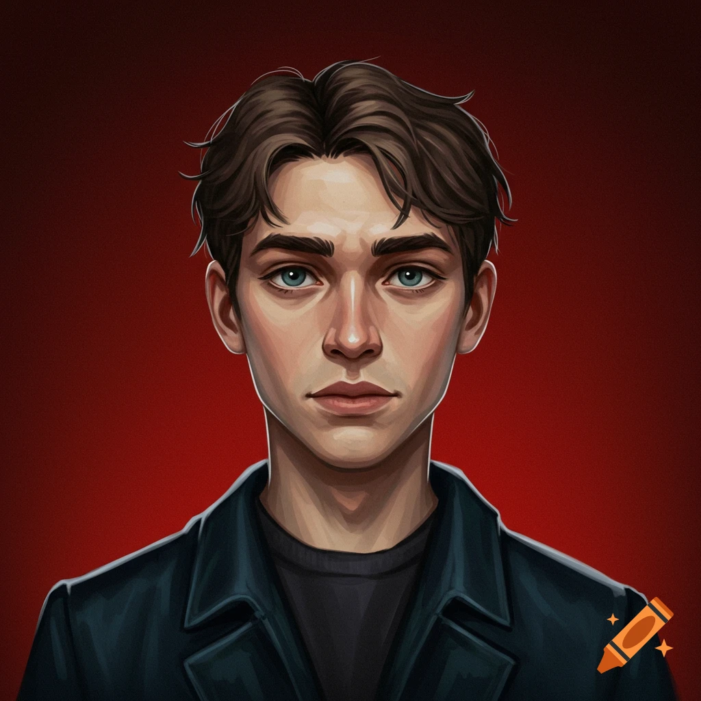 A young man with blue eyes and brown hair wearing a dark jacket, against a red background.