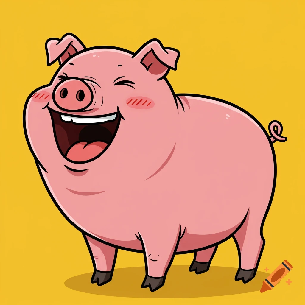 A pink cartoon pig laughing on a yellow background.