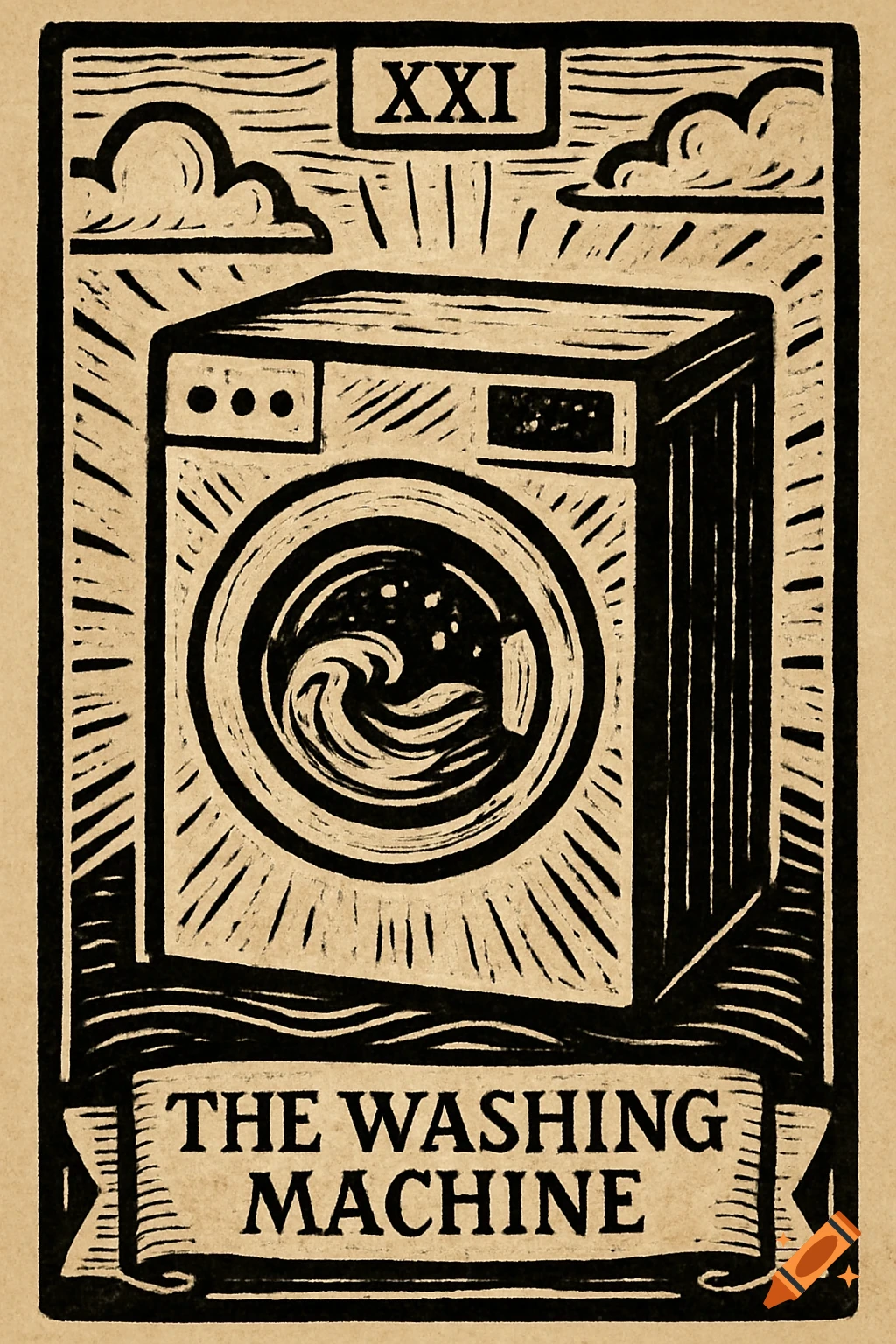 Linocut illustration of a tarot card for 'The Washing Machine' with text XXI