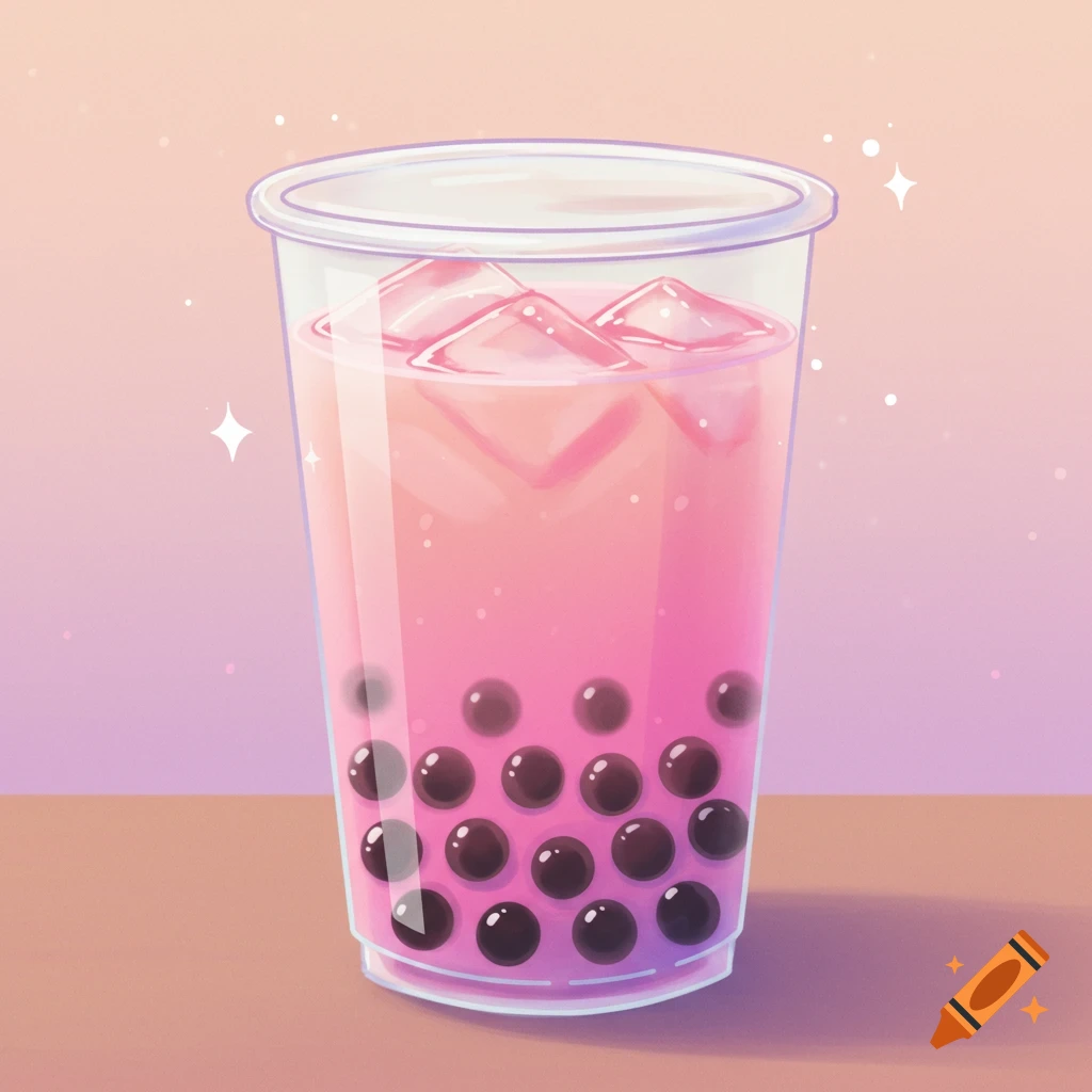 A glass of pink bubble tea with ice and tapioca pearls.