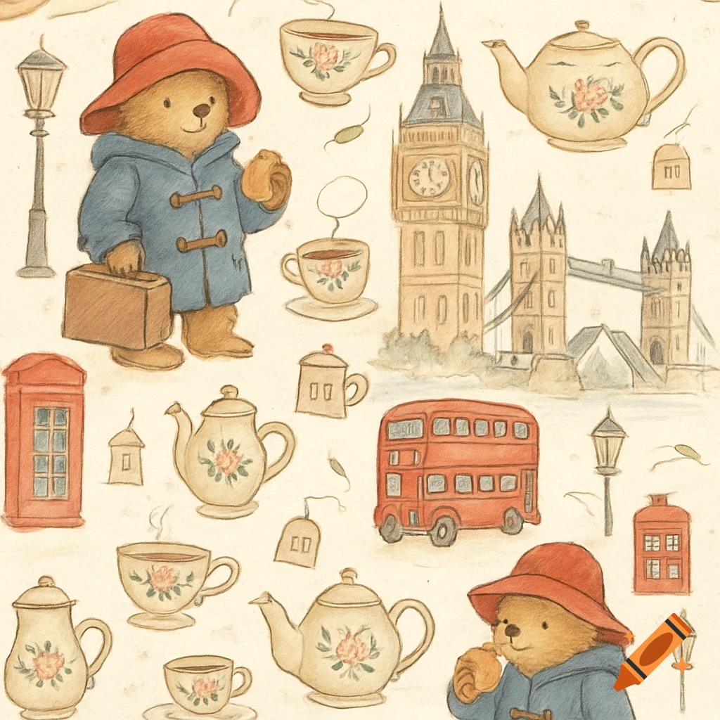 Seamless watercolor pattern of a teddy bear in a hat and coat, London landmarks, red buses, phone booths, and teacups.