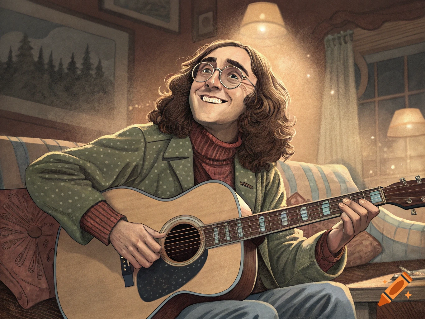 An illustration of a man resembling Tiny Tim playing an acoustic guitar indoors.