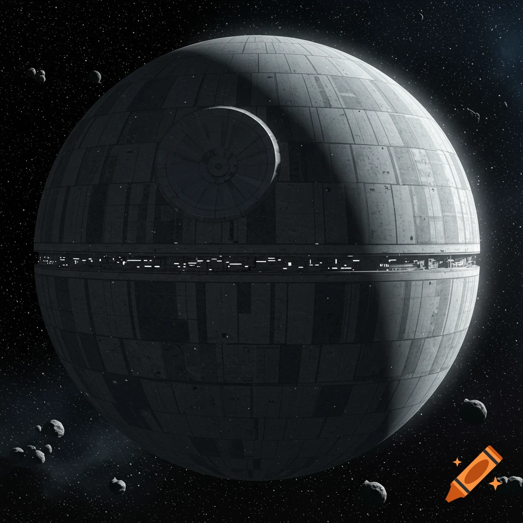 An image of the Death Star space station with asteroids.