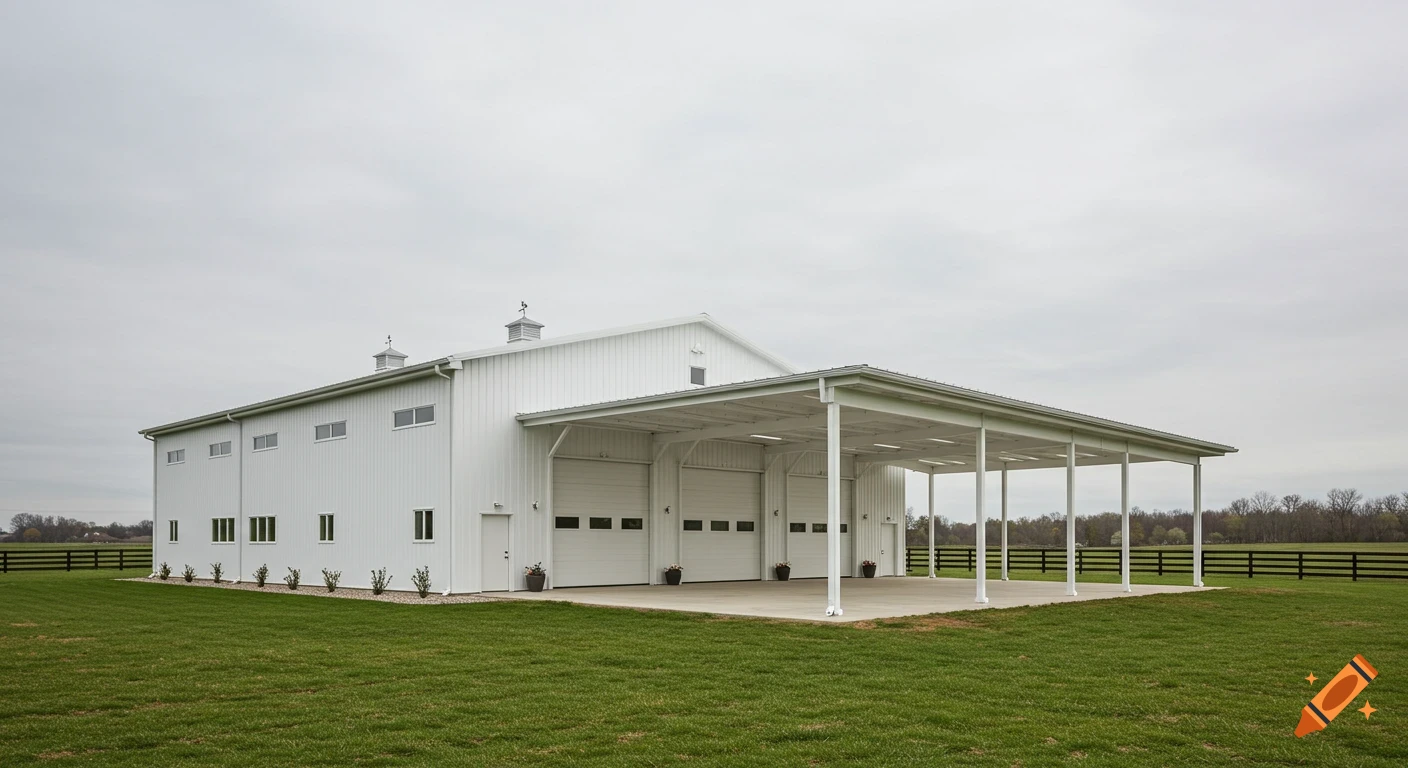 Large white barn or building with multiple garage doors and a covered patio in a grassy field.