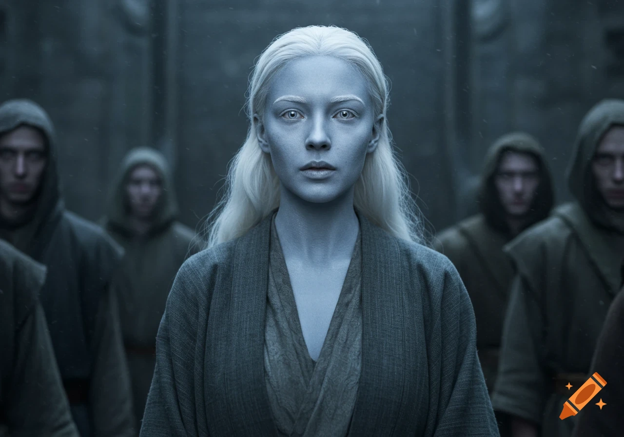 Photorealistic portrait of a very pale woman with white hair and silvery eyes in traditional robes, standing among a hooded crowd.