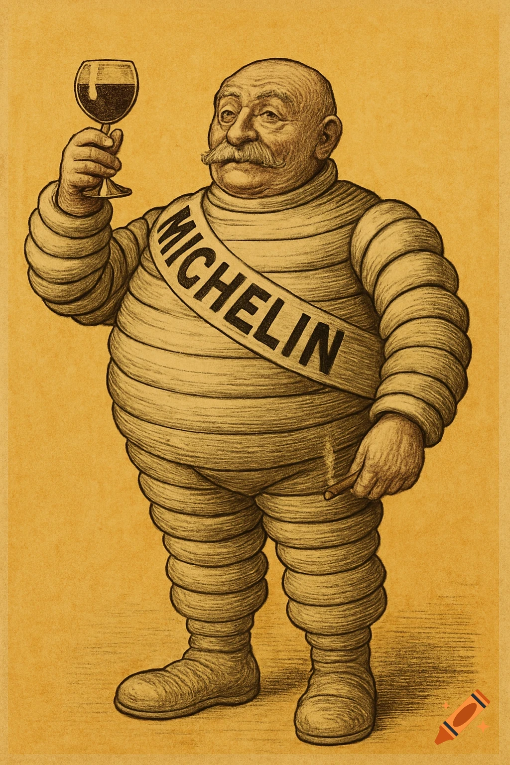 Vintage sketch of the Michelin Man (Bibendum) holding a glass and cigar, with a 'MICHELIN' sash.