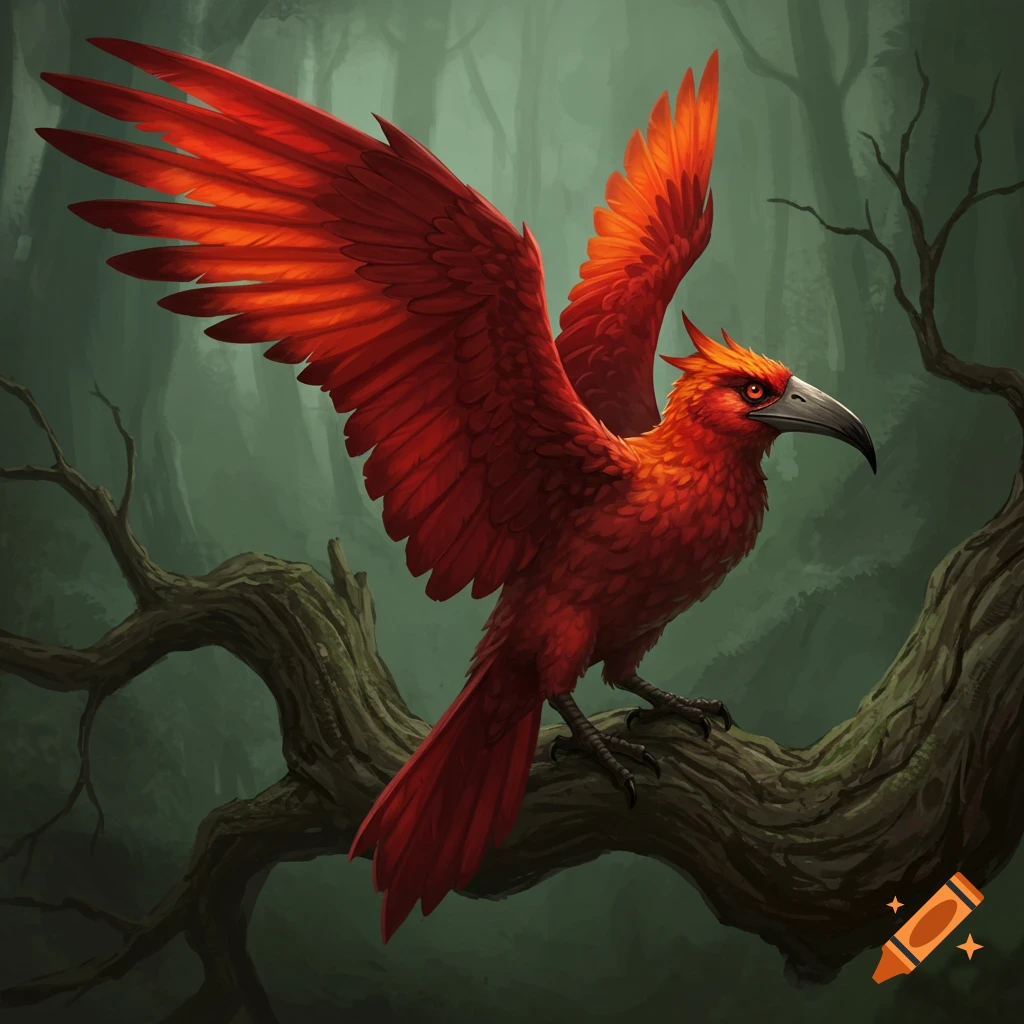 A vibrant red bird with wings spread, perched on a branch in a dark forest. Illustrated style.