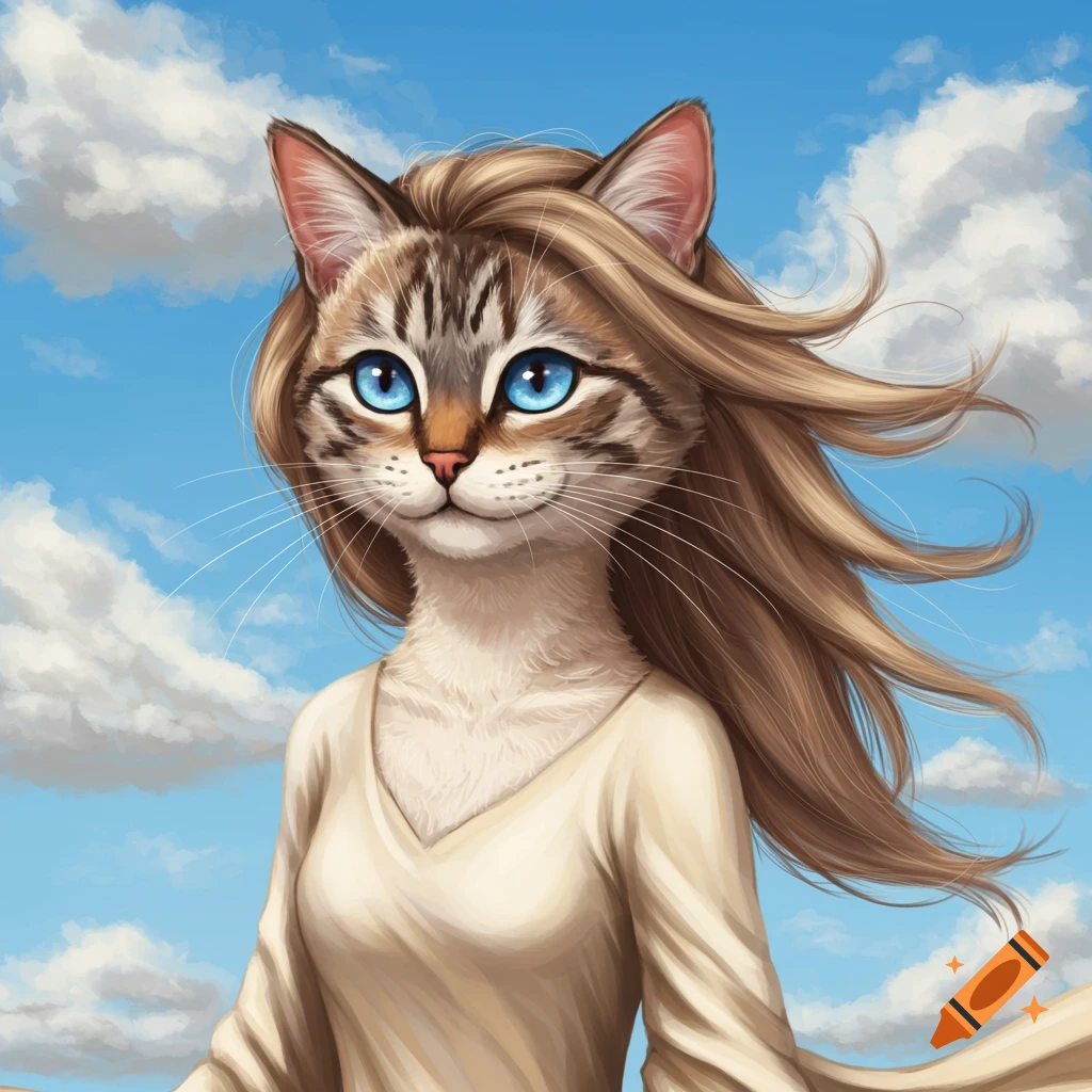 An illustration of a cat-human hybrid with blue eyes and long hair, wearing a dress, against a cloudy sky.