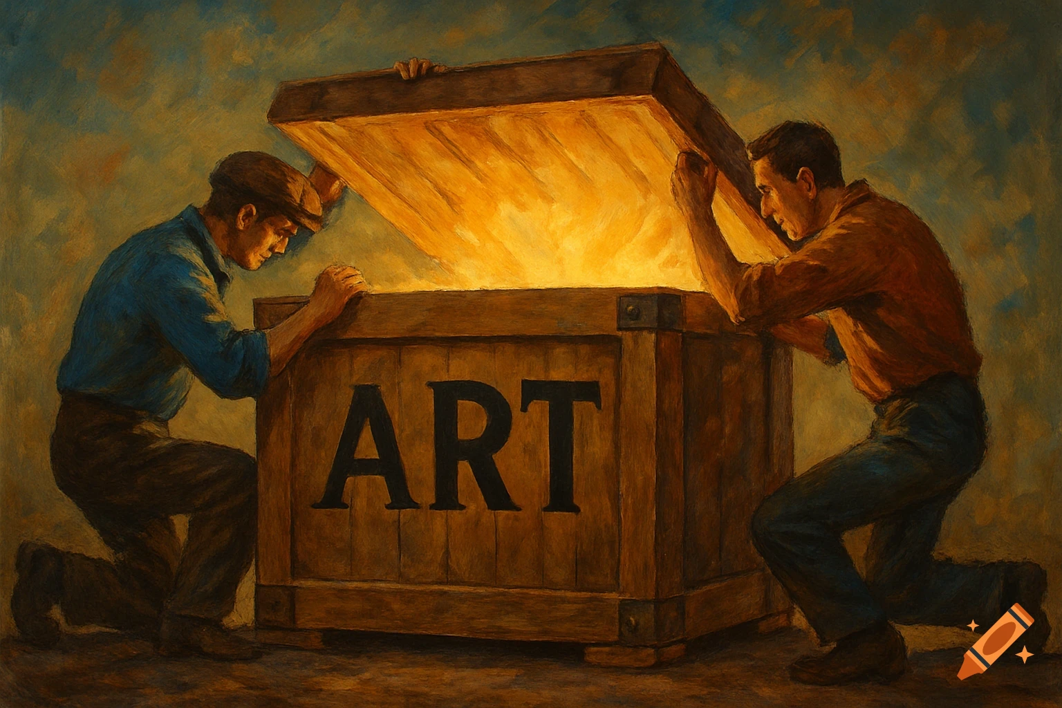 Two men open a glowing crate labeled "ART" in a painting style.