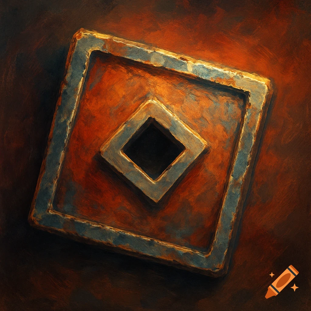 A stylized metallic square with a diamond-shaped hole in the center, against an orange background.