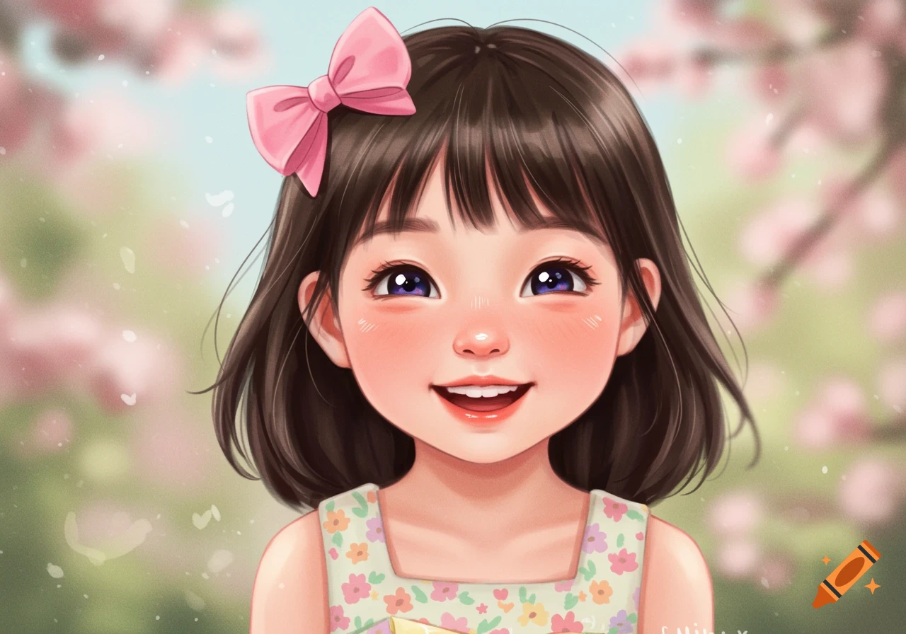 A young girl smiles with a pink bow in her hair, wearing a floral dress, in a blurred garden.