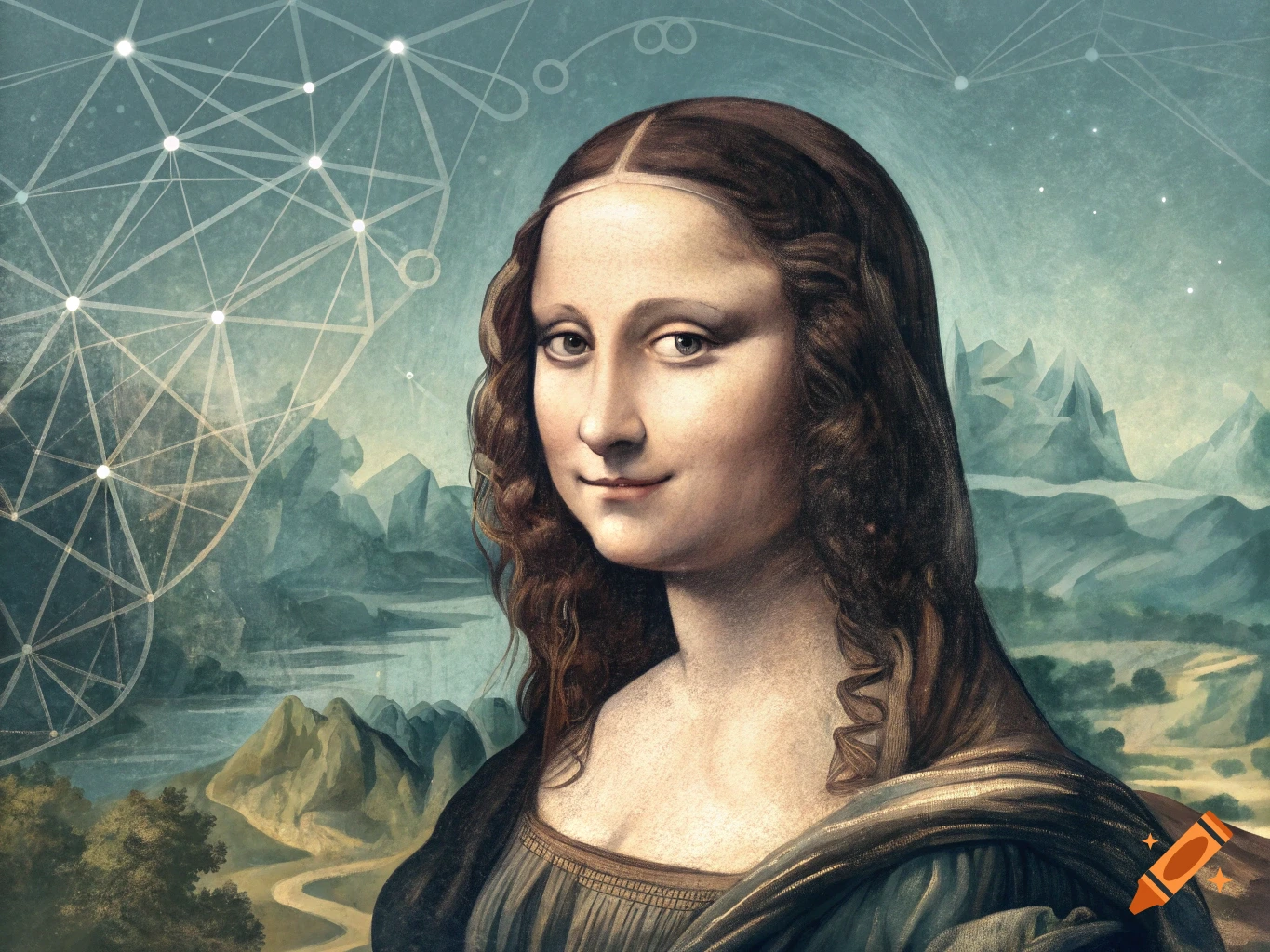 A stylized portrait of the Mona Lisa against a background of geometric lines and mountains.