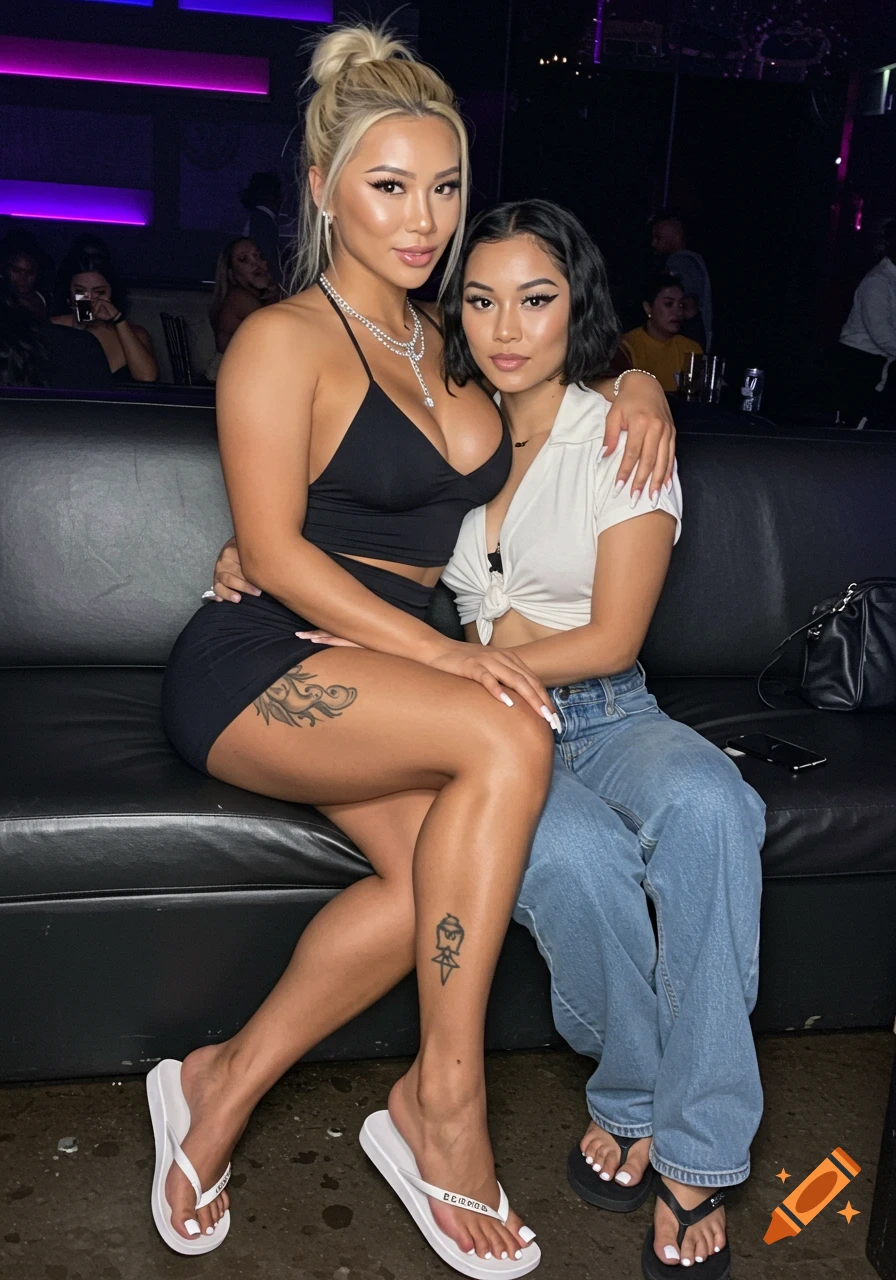 Two women sitting on a couch in a nightclub. One woman in a black dress, another in a white top and jeans.