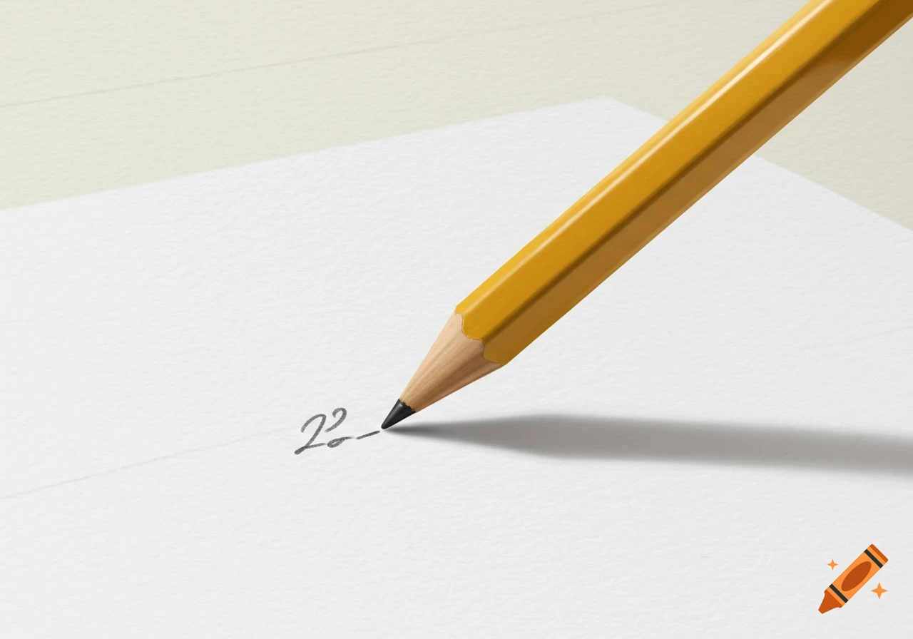 A yellow pencil writes the number 22- on white paper.