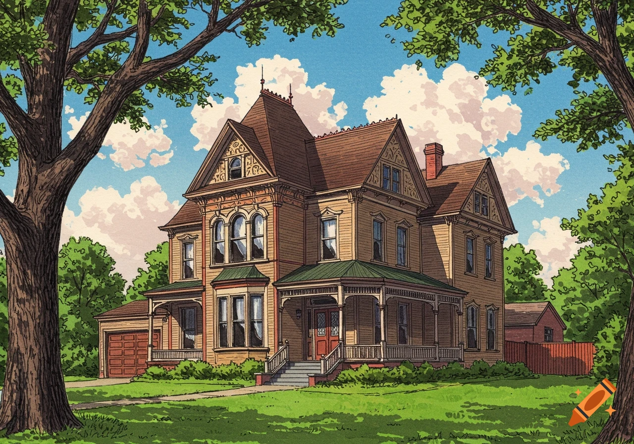 An ornate Victorian-style house with a porch and garage, framed by trees.