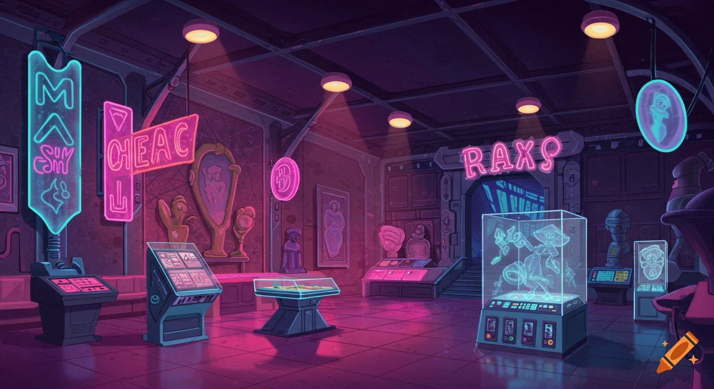 Animated cyberpunk museum lobby with neon signs and display cases, vaporwave style.