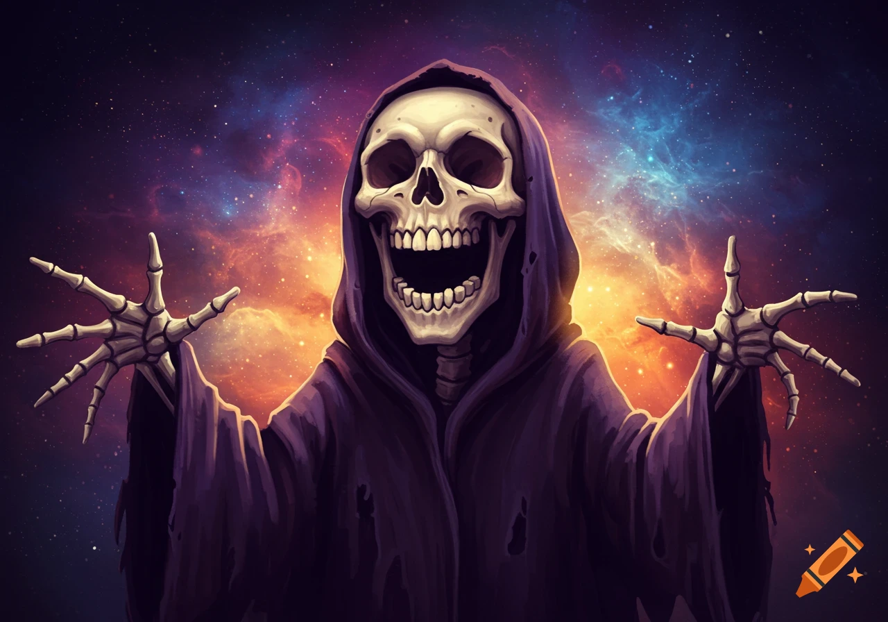 A skeleton in a hooded robe with outstretched arms against a vibrant cosmic background.
