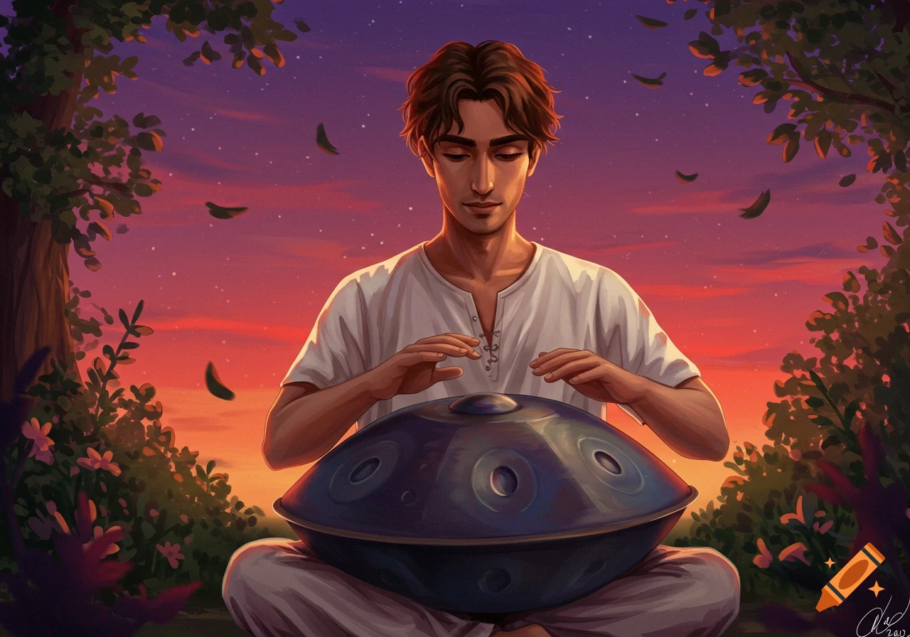 A man playing a hang drum at sunset.