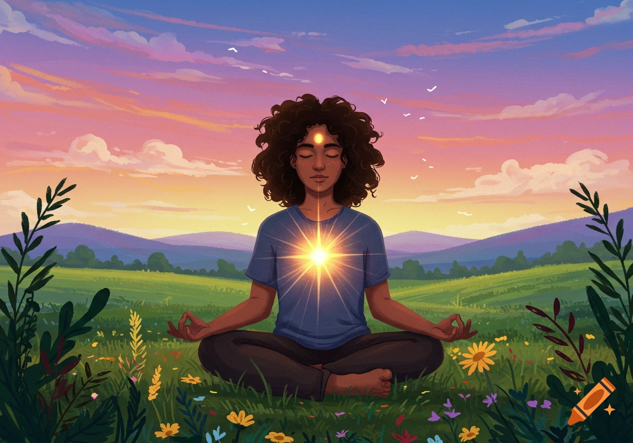 A person meditating in a field at sunset with a glowing chest.