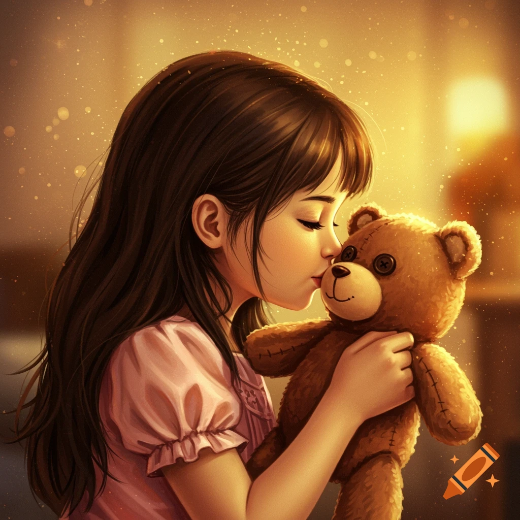 A young girl is kissing a teddy bear in warm light.