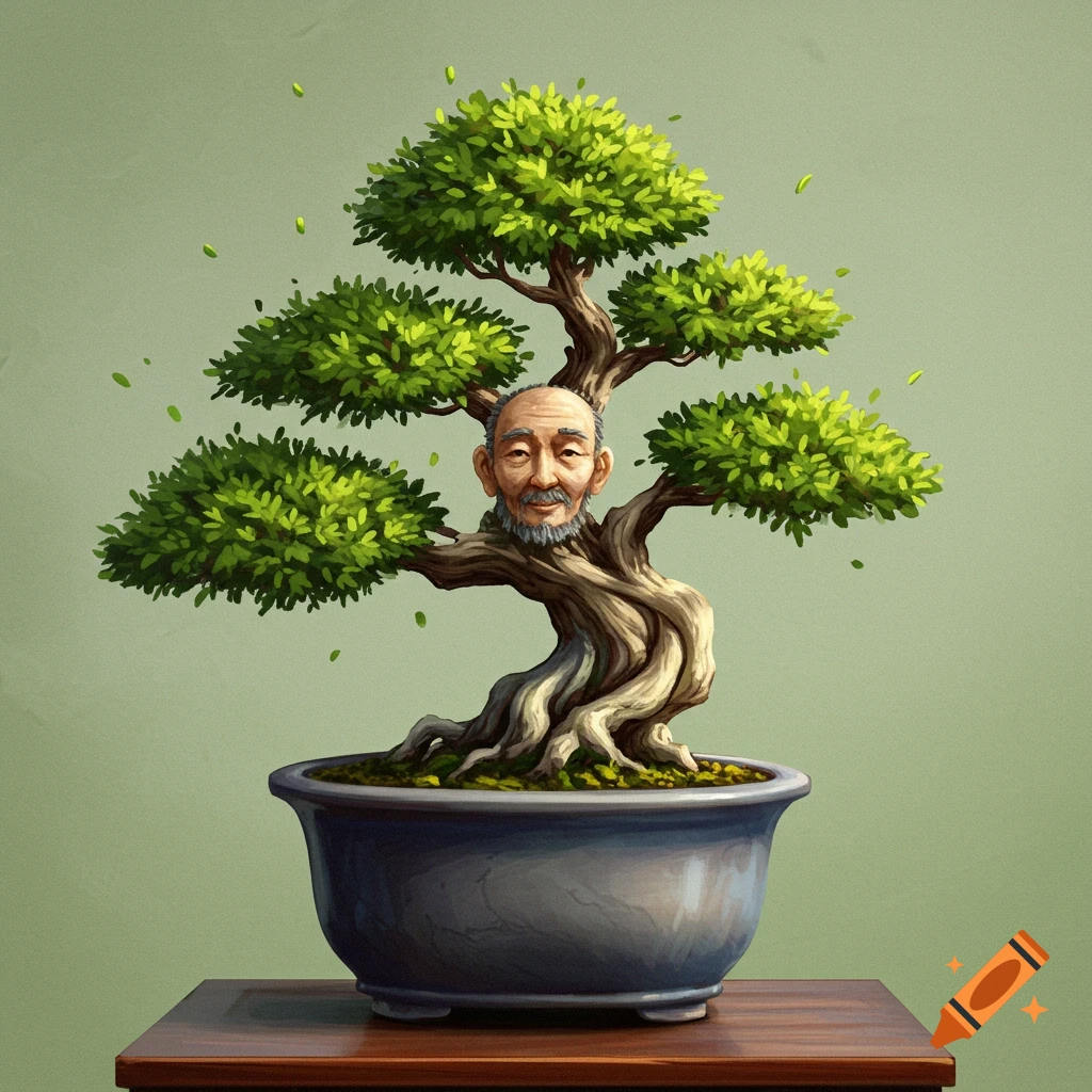 A bonsai tree with a human face in its trunk.