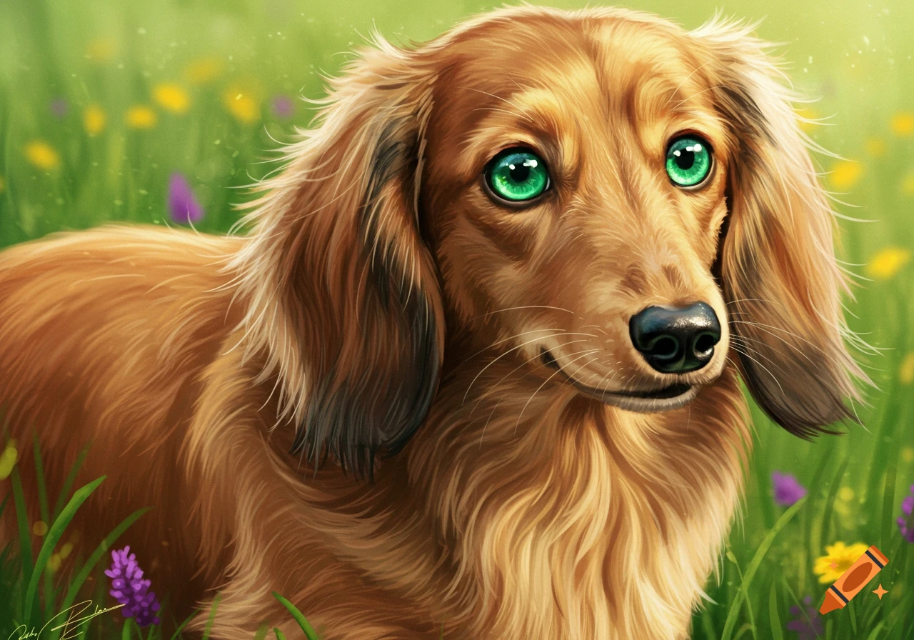 A fluffy dachshund with bright green eyes in a field of colorful flowers.