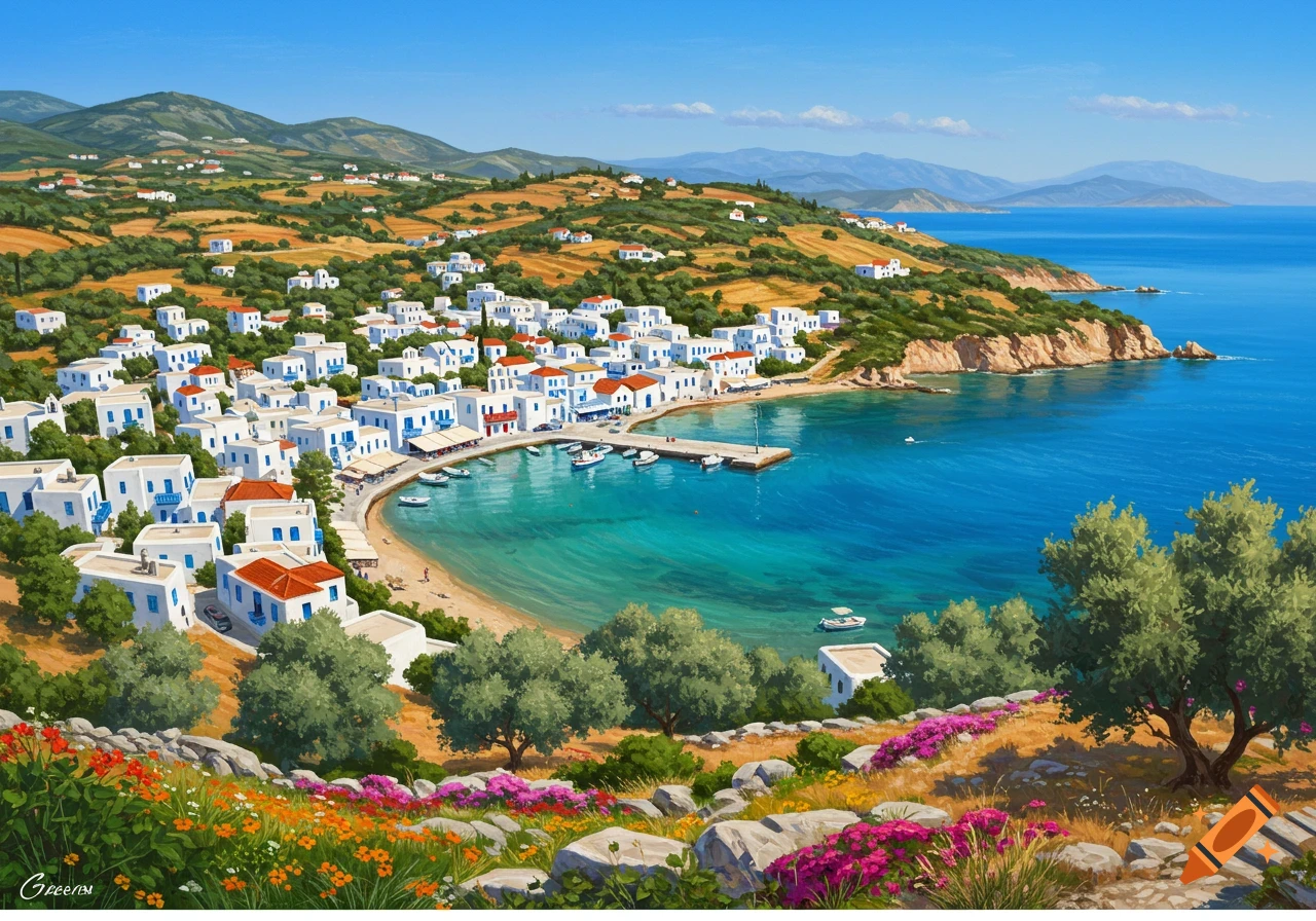 Vibrant scene of a white village on a Greek coast overlooking a blue bay with boats and surrounding landscape.
